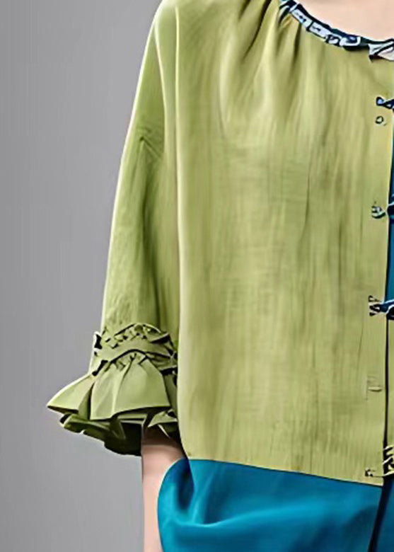 Blue O-neck Patchwork Shirt Bracelet Sleeve