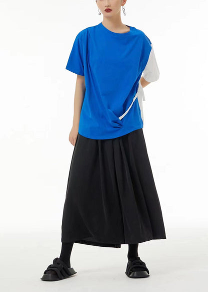 Blue O-neck Patchwork Wrinkled Cotton Tank Tops Summer