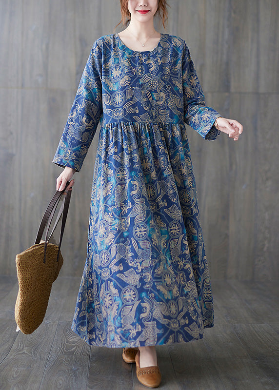 Blue O-neck Print Patchwork Long Dress Summer