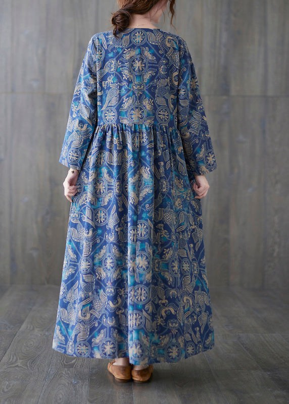 Blue O-neck Print Patchwork Long Dress Summer