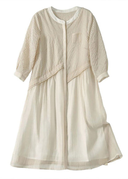 Blue O-neck Striped Patchwork Fake Two Pieces Button Long Dress Summer