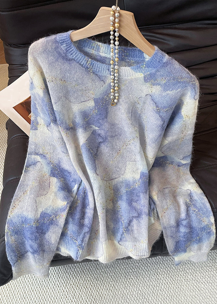 Blue O Neck Tie Dye Knit Sweater Fall
