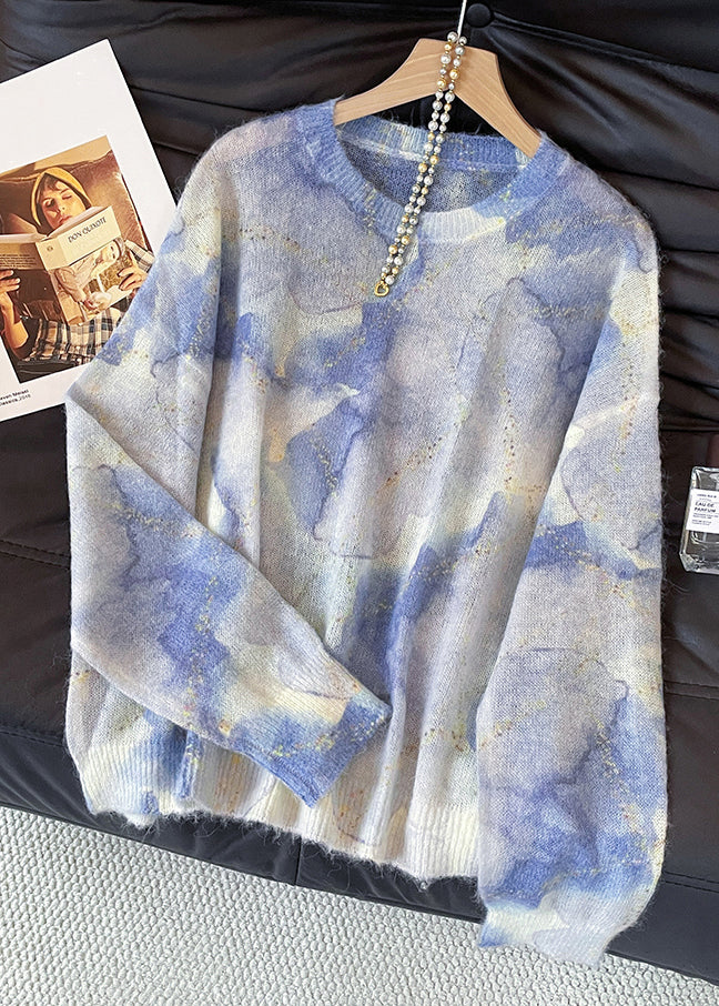 Blue O Neck Tie Dye Knit Sweater Fall