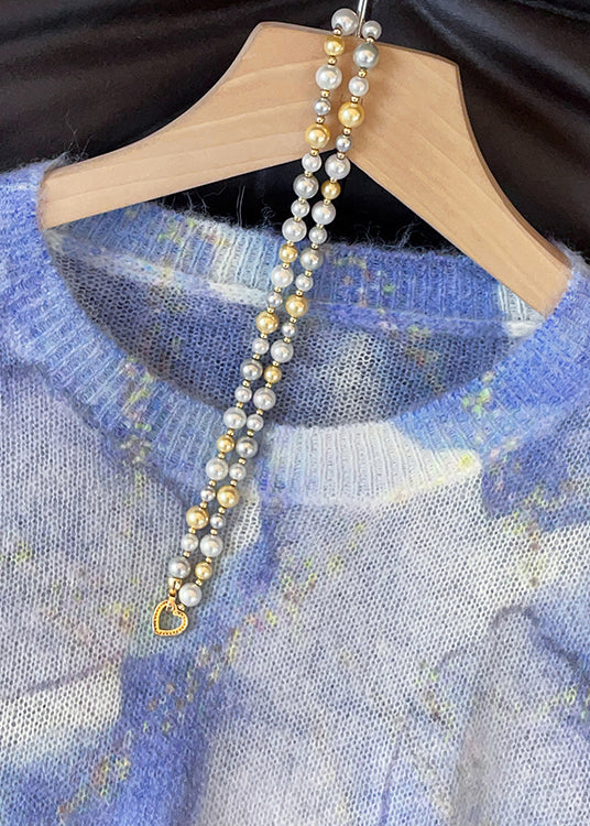 Blue O Neck Tie Dye Knit Sweater Fall