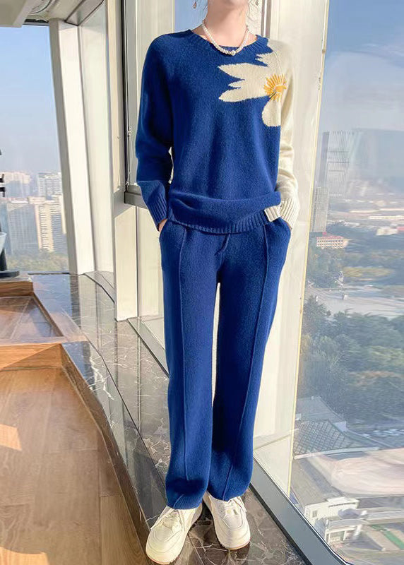 Blue O Neck Tops and Pants Cashmere Two Pieces Set Spring