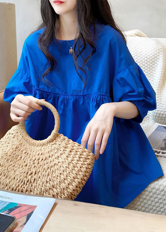 Blue O Neck Wrinkled Patchwork Cotton Shirt Tops Summer