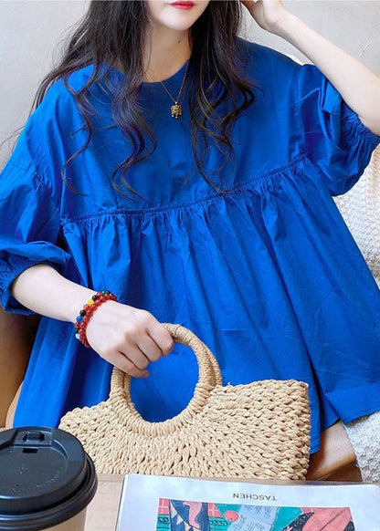 Blue O Neck Wrinkled Patchwork Cotton Shirt Tops Summer