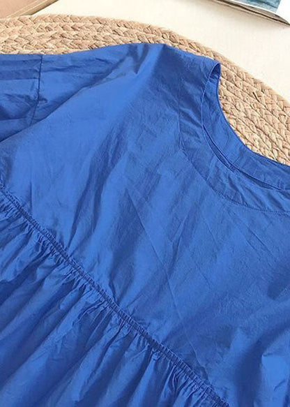 Blue O Neck Wrinkled Patchwork Cotton Shirt Tops Summer