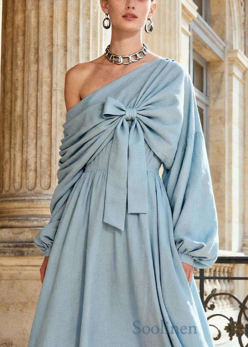 Blue One Shoulder Asymmetrical Wrinkled Maxi Dress Lantern Sleeve