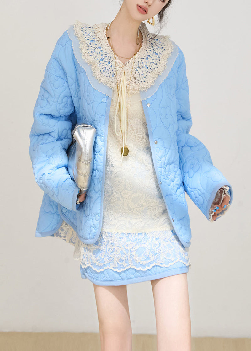 Blue Oversized Embossing Fine Cotton Filled Jacket Winter