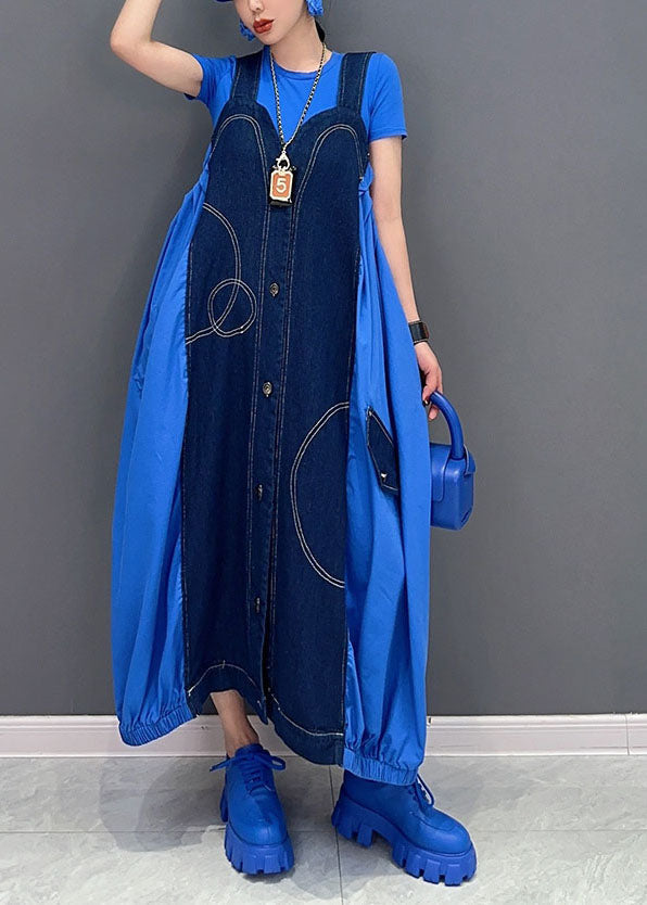 Blue Oversized Patchwork Cotton Denim Strap Dress Summer