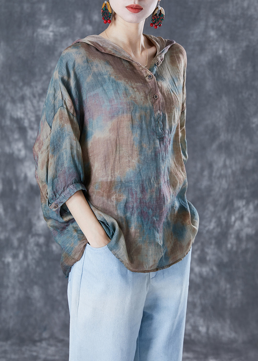 Blue Oversized Tie Dye Linen Shirt Tops Bracelet Sleeve