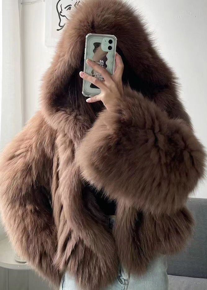 Blue Oversized Warm Fox Fur Hoodie Coat Winter
