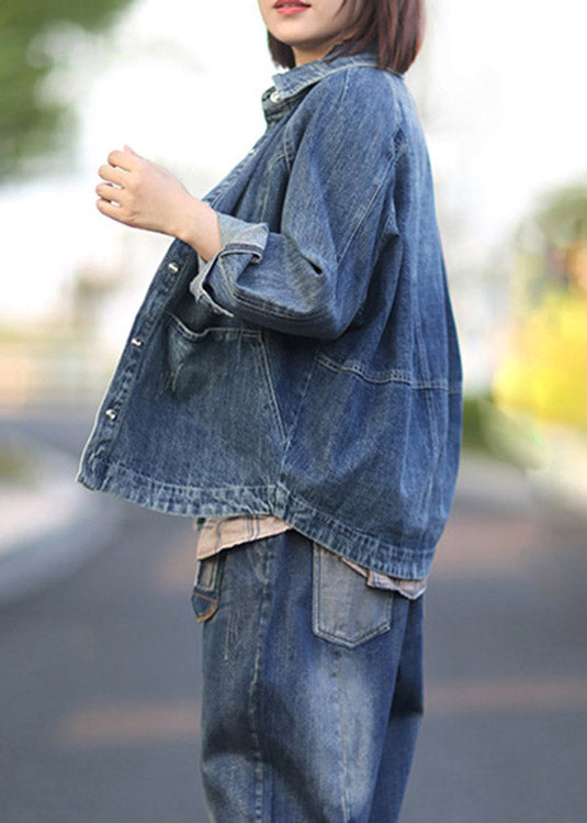 Blue Peter Pan Collar Patchwork Denim Coats Spring