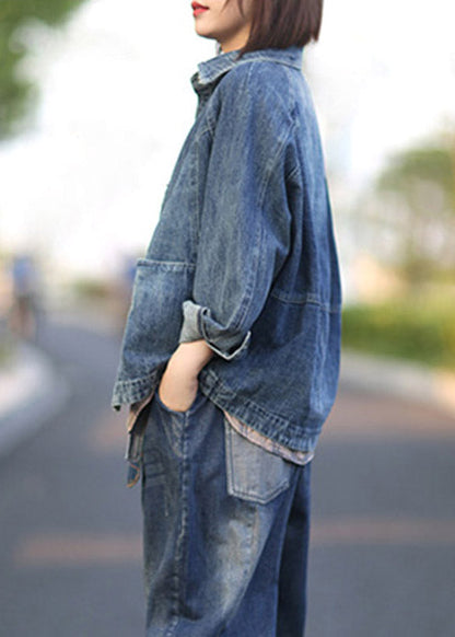 Blue Peter Pan Collar Patchwork Denim Coats Spring