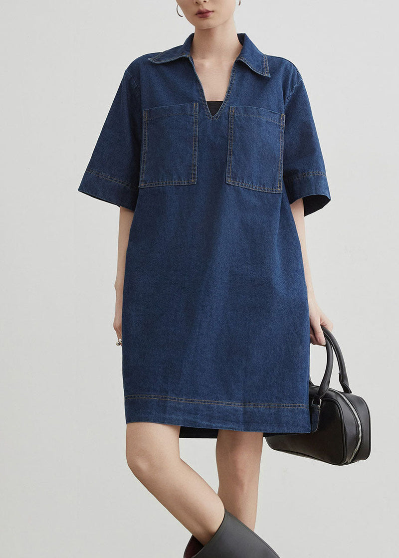 Blue Peter Pan Collar Pockets Denim T Shirt Dresses Summer