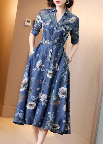 Blue Peter Pan Collar Print Button Sashes Denim Long Dress Short Sleeve
