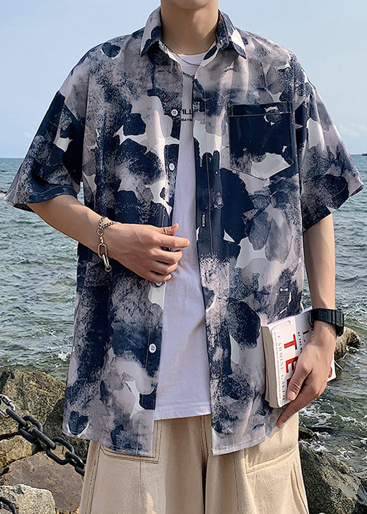 Blue Peter Pan Collar Print Hawaiian Shirts Summer