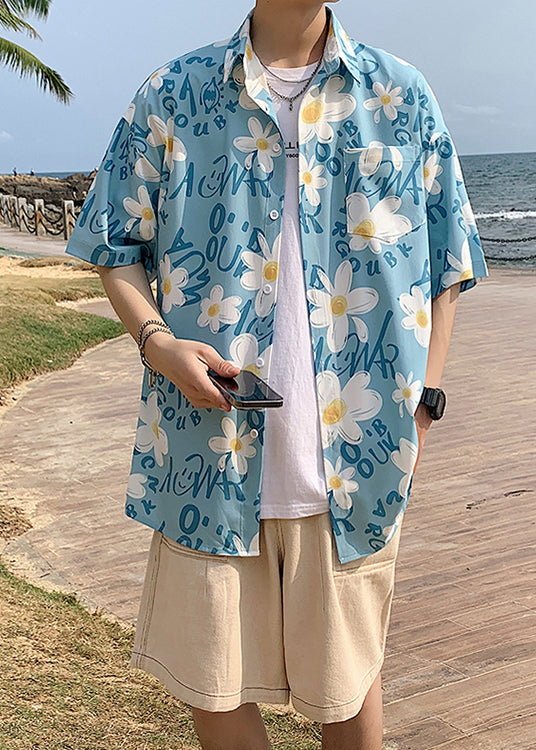 Blue Peter Pan Collar Print Hawaiian Shirts Summer