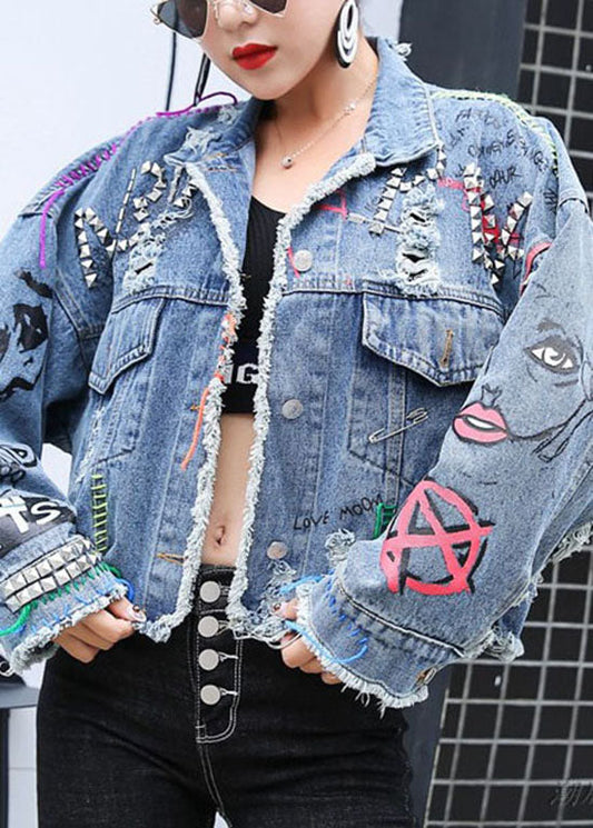Blue Peter Pan Collar Print Rivet Patchwork Denim Coats Spring
