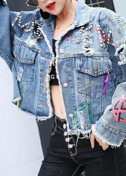 Blue Peter Pan Collar Print Rivet Patchwork Denim Coats Spring