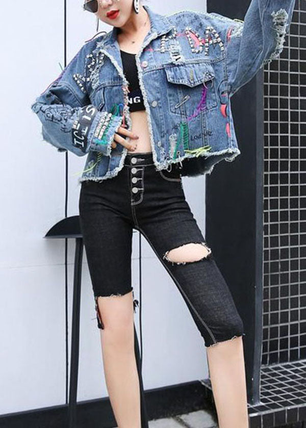 Blue Peter Pan Collar Print Rivet Patchwork Denim Coats Spring