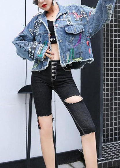 Blue Peter Pan Collar Print Rivet Patchwork Denim Coats Spring