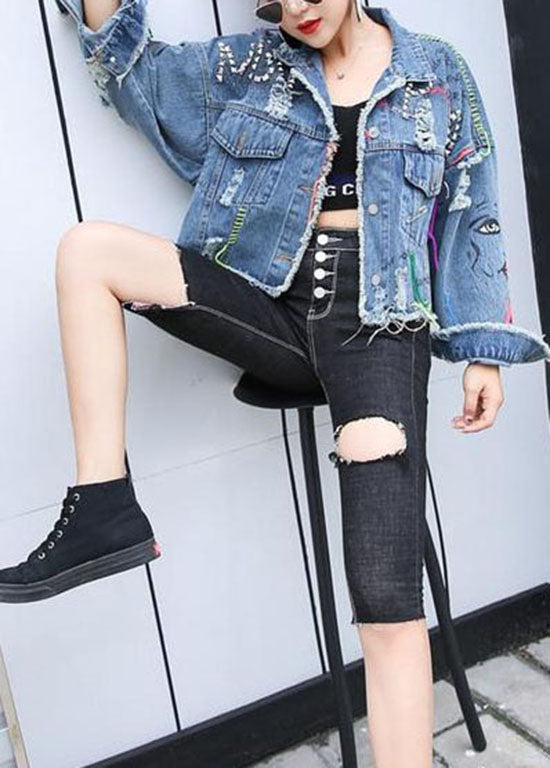 Blue Peter Pan Collar Print Rivet Patchwork Denim Coats Spring