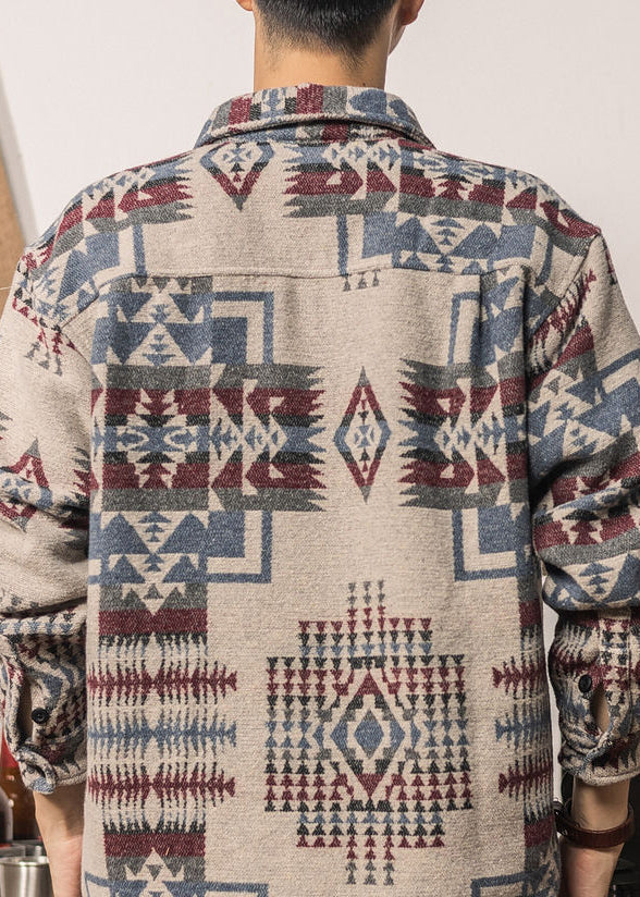 Blue Peter Pan Collar Print Woolen Shirt Coat Spring