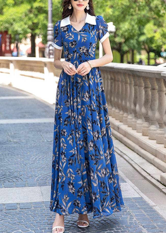 Blue Peter Pan Collar Print Wrinkled Chiffon Long Dress Summer