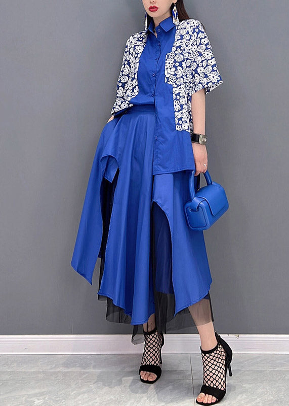 Blue Peter Pan Collar Asymmetrical Design Tulle Patchwork Shirt and Skirt Two Pieces Sets Summer