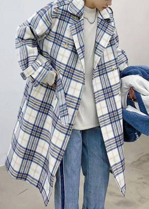Blue Plaid Double Breast Tie Waist Woolen Trench Coats Winter