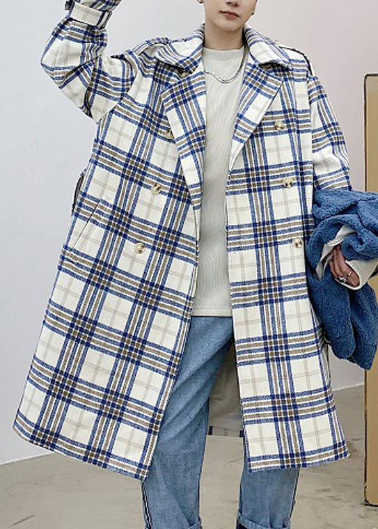 Blue Plaid Double Breast Tie Waist Woolen Trench Coats Winter