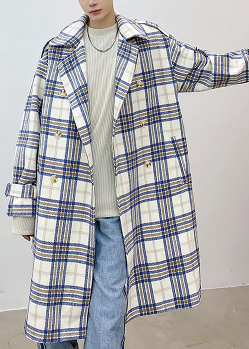 Blue Plaid Double Breast Tie Waist Woolen Trench Coats Winter