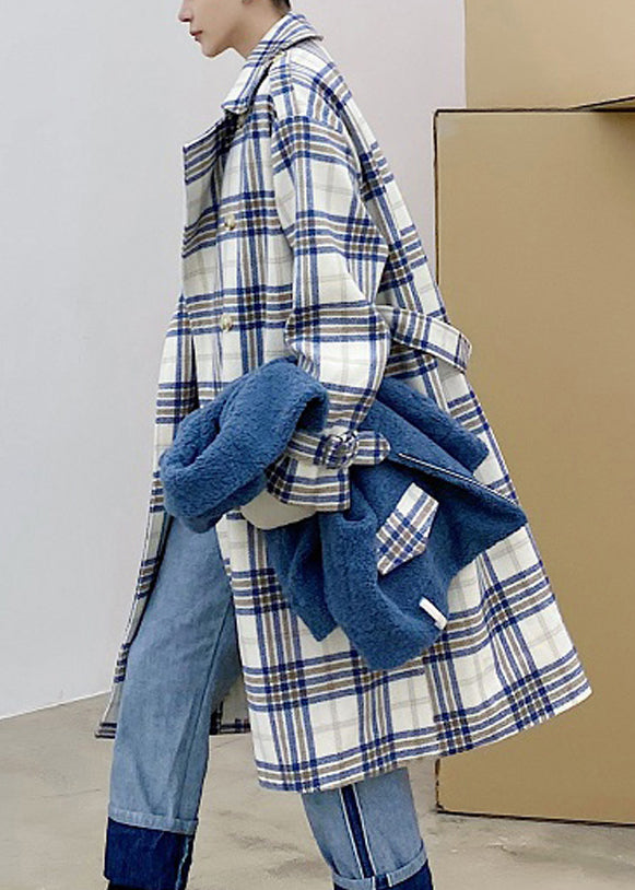 Blue Plaid Double Breast Tie Waist Woolen Trench Coats Winter