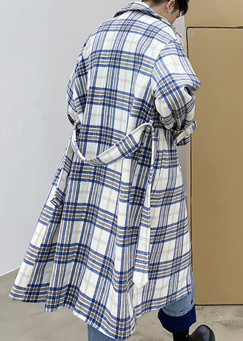 Blue Plaid Double Breast Tie Waist Woolen Trench Coats Winter