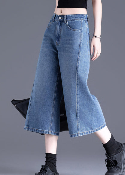 Blue Pockets Denim Crop Pants Summer