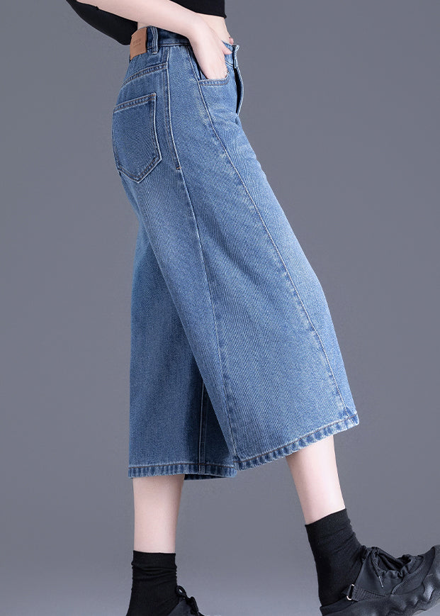 Blue Pockets Denim Crop Pants Summer