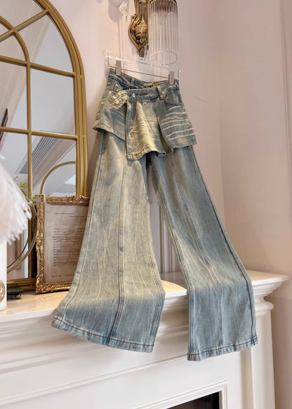 Blue Pockets False Two Pieces Patchwork Denim Pants Fall