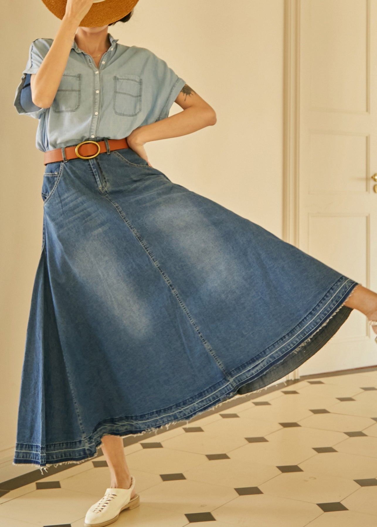 Blue Pockets High Waist Denim Skirt Fall