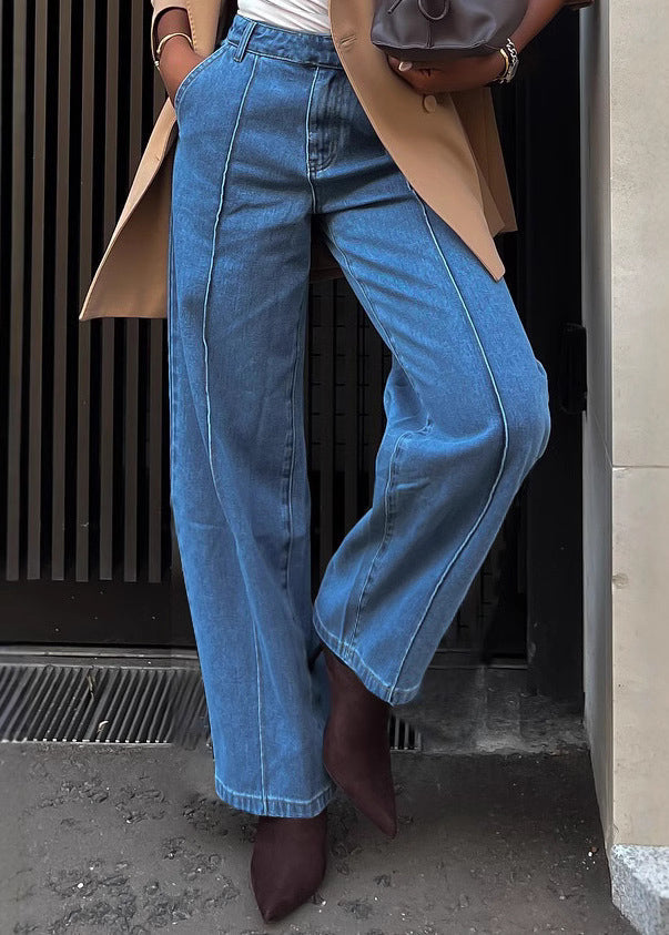 Blue Pockets High Waist Versatile Denim Pants Spring