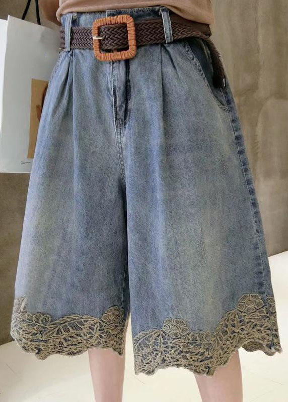 Blue Pockets Lace Patchwork Denim Shorts Summer