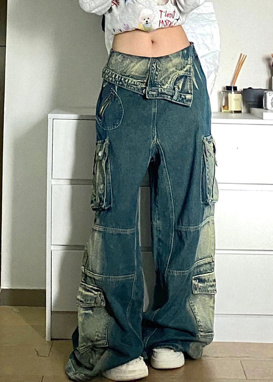 Blue Pockets Patchwork Denim Fall Pants High Waist