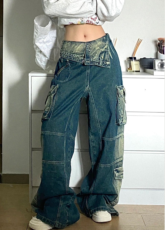Blue Pockets Patchwork Denim Fall Pants High Waist