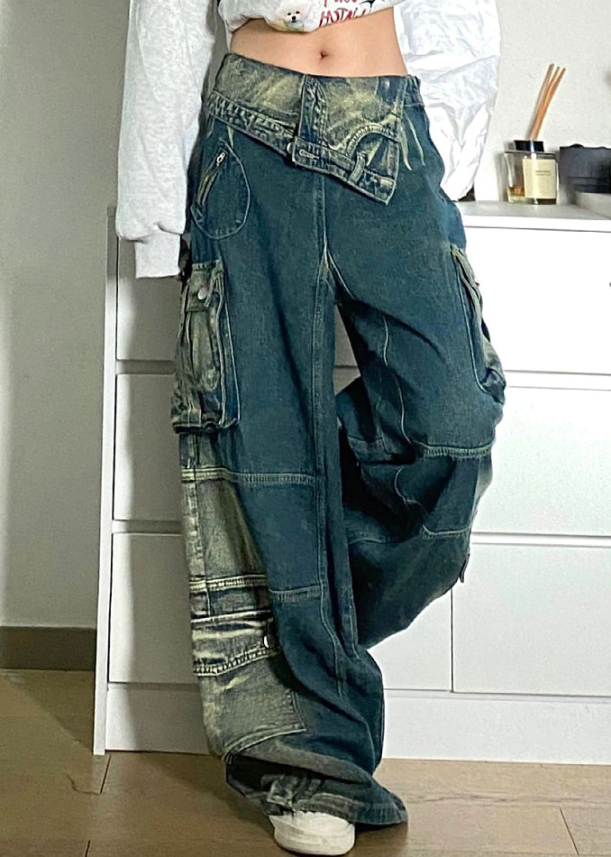 Blue Pockets Patchwork Denim Fall Pants High Waist