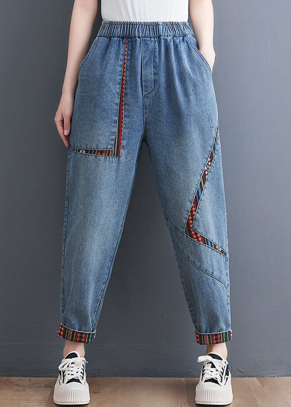 Blue Pockets Patchwork Denim Harem Pants Summer