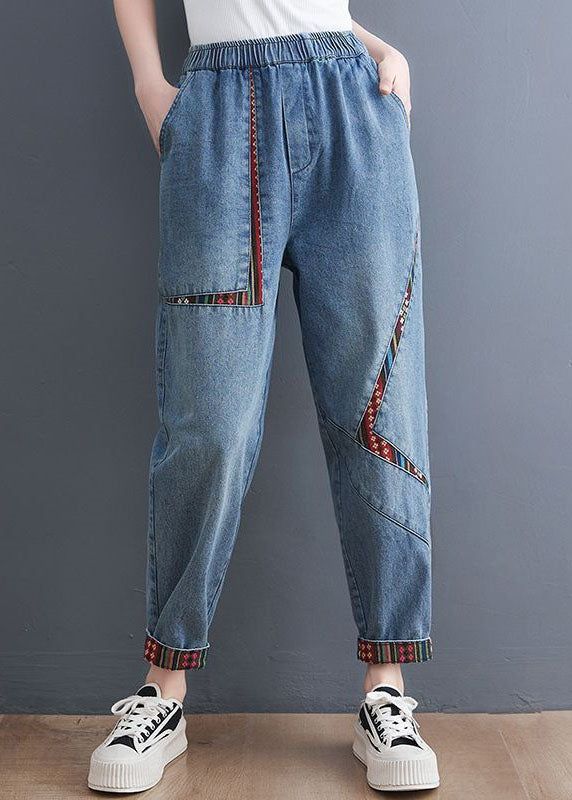Blue Pockets Patchwork Denim Harem Pants Summer
