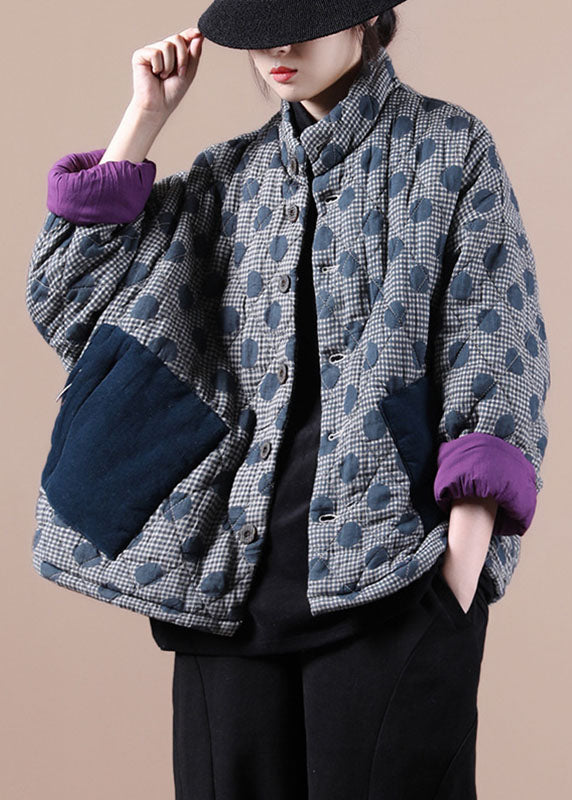 Blue Pockets Patchwork Dot Winter Cotton Coat