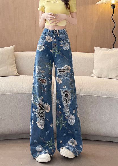 Blue Pockets Print Denim Ripped Pants Fall