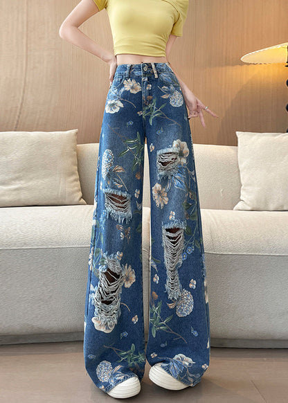Blue Pockets Print Denim Ripped Pants Fall